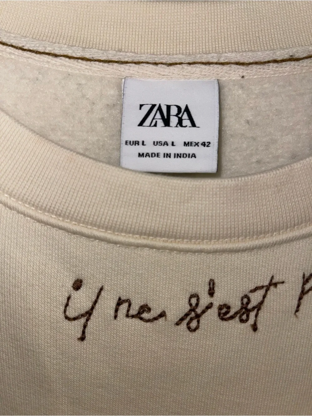 Zara Cream Crewneck Sweater with Subtle Embroidered Motifs